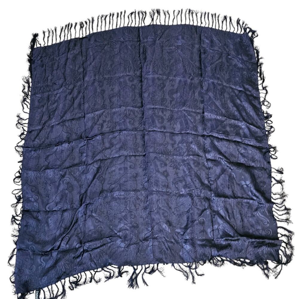 Vintage Zazou Womens Square 38x38 Scarf Dark Blue w/ Fringe Floral Satin